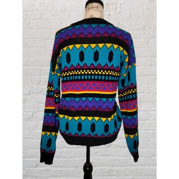 Vtg 80s Chauvin Retro Geometric Sweater Size MED Black Turquoise Jumper Pullover - Picture 3 of 4